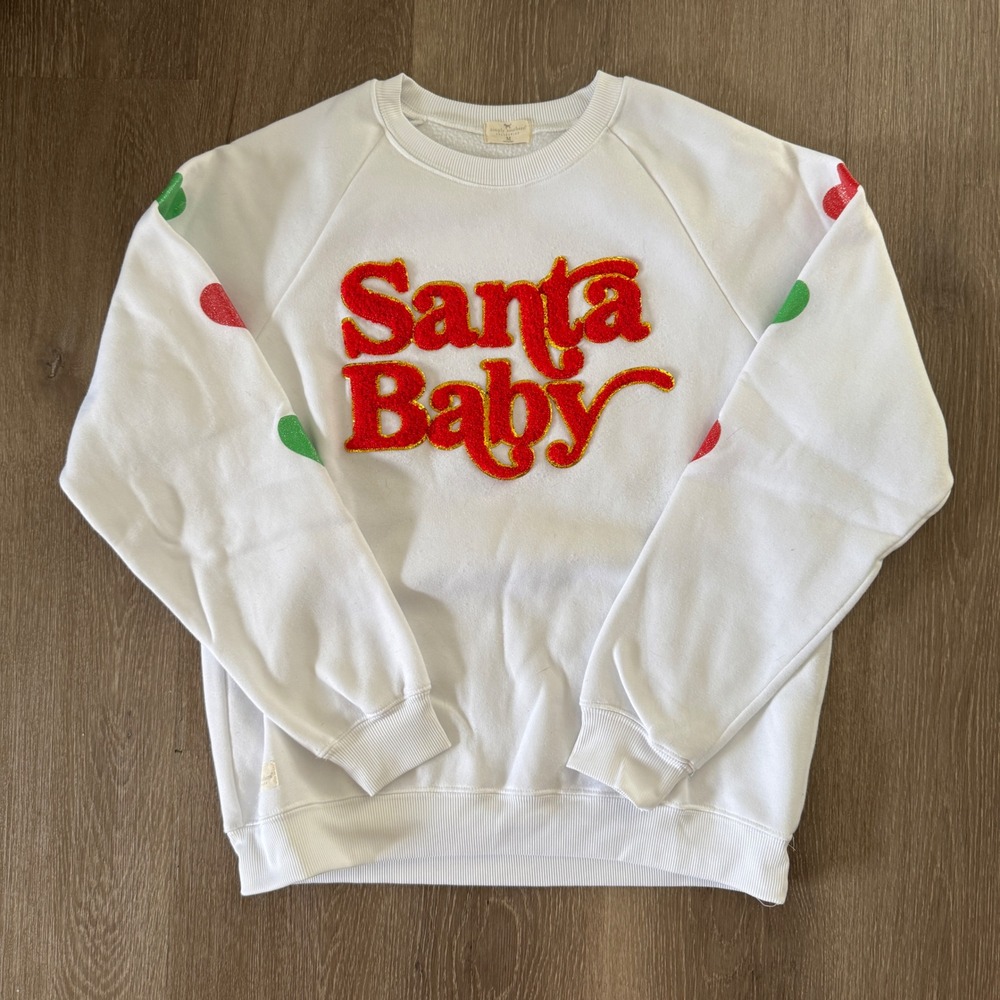 Simply Southern Sweatshirt Womens Medium White Santa Baby Chenille Glitter Heart